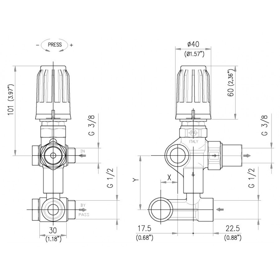 Регулятор давления PA VB56 (220бар, 30л/мин, 1/2г-М22х1.5ш, X:4.5, Y:62-65.5)